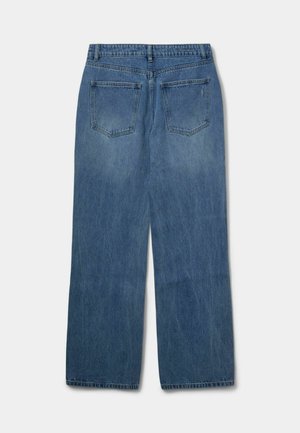 Blue denim jeans with a straight-leg design, featuring two back pockets and a slightly faded finish. Standard waistband with belt loops.