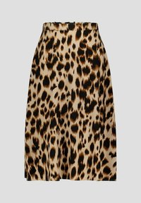 Jupe imprimé léopard avec un fond beige et des taches noires et brunes, fabriquée en tissu lisse, dotée d'une taille élastique et d'un design au niveau des genoux.