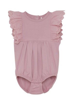 Rosa Baumwoll-Body mit gerüschten Rüschenärmeln mit Lochmuster, rundem Ausschnitt, geraffter Taille und Druckknöpfen am unteren Ende.