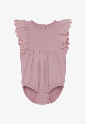 Body rosa in cotone con maniche a cappuccio arricciate con dettagli traforati, scollo rotondo, vita arricciata e chiusure a scatto sul fondo.