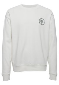 Hvid sweatshirt med lange ærmer, rund hals og ribbede manchetter. Har et grafisk design på venstre bryst med tekst og et blomsterelement.