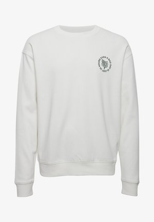 Weißer Sweatshirt mit langen Ärmeln, Rundhalsausschnitt und gerippten Bündchen. Mit einem grafischen Design auf der linken Brust, das Text und ein blumiges Element zeigt.