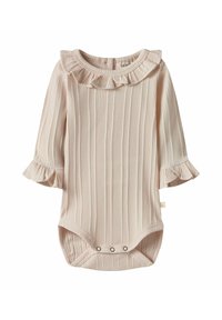 Body de canalé rosa claro con cuello y mangas con volantes. Cuenta con cierre de botones a presión en la parte inferior para facilitar el vestido.