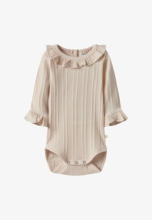 Body a costine rosa chiaro con colletto e maniche arricciate. Dotato di chiusura a scatto sul fondo per una facile vestizione.