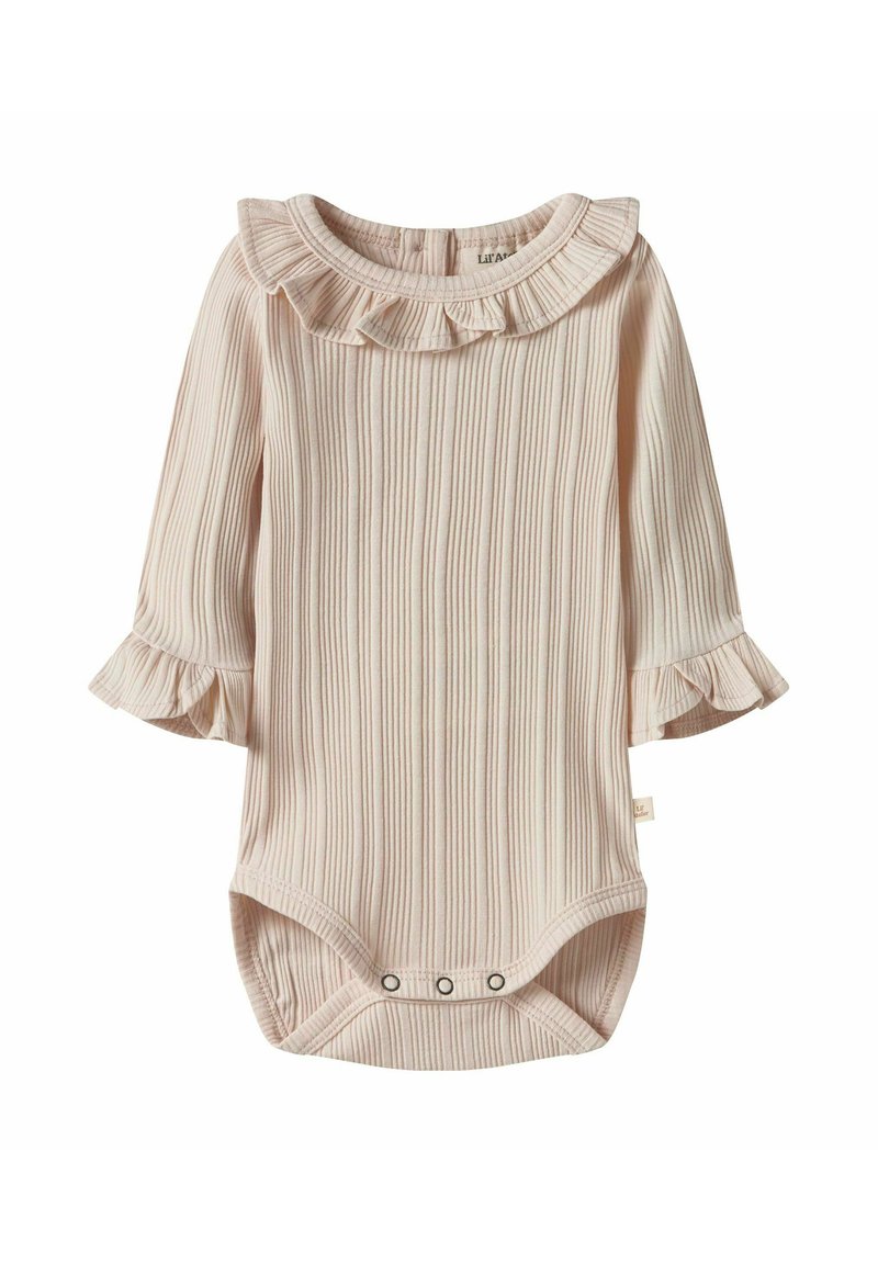 Body a costine rosa chiaro con colletto e maniche arricciate. Dotato di chiusura a scatto sul fondo per una facile vestizione.