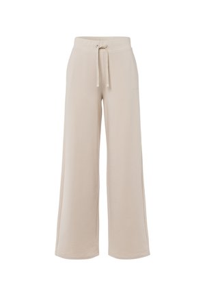 Beige Sweatpants mit weitem Bein aus weicher Baumwolle. Verfügt über einen elastischen Bund mit Kordelzug und Seitentaschen. Glatte Textur, minimalistisches Branding.