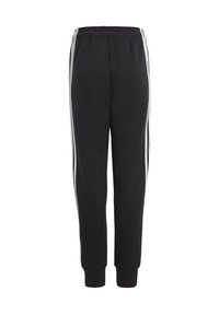 Zwarte sweatpants van zacht stof, met witte zijkanten, een elastische tailleband en aansluitende boorden voor een getailleerde pasvorm.