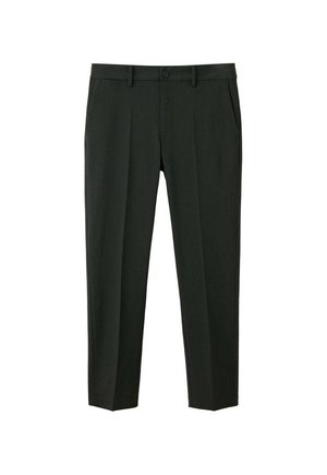 Schwarze, maßgeschneiderte Anzughose mit Gürtelschlaufen, Knopfverschluss, seitlichen Taschen und einem schlanken geraden Schnitt.