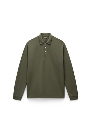 Olive green long-sleeve polo shirt made of cotton, featuring a three-button placket, ribbed cuffs, and a small embroidered logo on the chest.