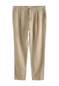 Pantalon casual en lin beige avec taille à cordon, poches latérales et coupe droite détendue.