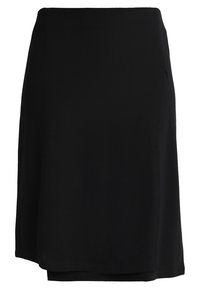 Jupe droite noire midi avec une taille cintrée et un tissu lisse, présentée sur un fond blanc.