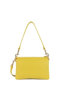 Borsa a tracolla gialla in pelle con una texture liscia. Caratterizzata da una chiusura a zip, tracolla regolabile e accenti in metallo dorato.