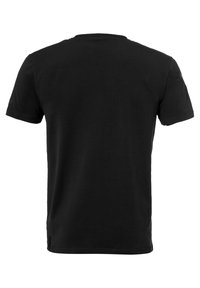 Zwarte kortlopende t-shirt gemaakt van katoen. Heeft een ronde halslijn en een rechte snit. Geen zichtbare patronen of accenten. Eenvoudig ontwerp.