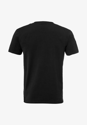 Schwarzes, kurzärmliges T-Shirt aus Baumwolle. Verfügt über einen runden Halsausschnitt und einen geraden Schnitt. Keine sichtbaren Muster oder Akzente. Einfaches Design.