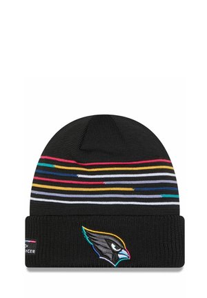 Berretto di maglia nero con strisce orizzontali multicolori e un logo di uccello sulla parte frontale. Presenta una texture a coste per garantire calore e vestibilità.