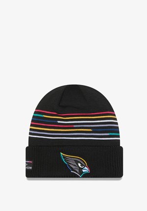 Black knit beanie with multicolored horizontal stripes and a bird logo on the front. Features ribbed texture for warmth and fit.
