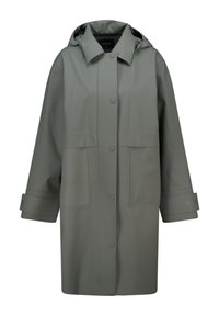 Vesisuojav, harmaa sadetakki, jossa on huppu, kaksi suurta etutaskua ja napitus. Ominaisuuksiin kuuluvat leveät hihat, joissa on säädettävät resorit.