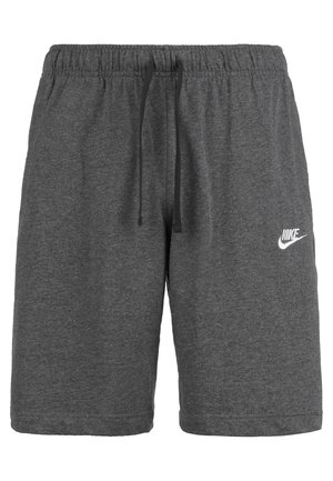 Donkergrijze Nike sportshorts met elastische tailleband, zwart trekkoord en wit Nike-logo op de linker dij.