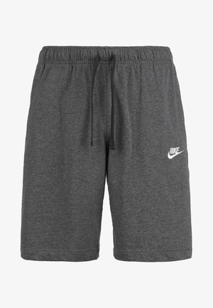Donkergrijze Nike sportshorts met elastische tailleband, zwart trekkoord en wit Nike-logo op de linker dij.