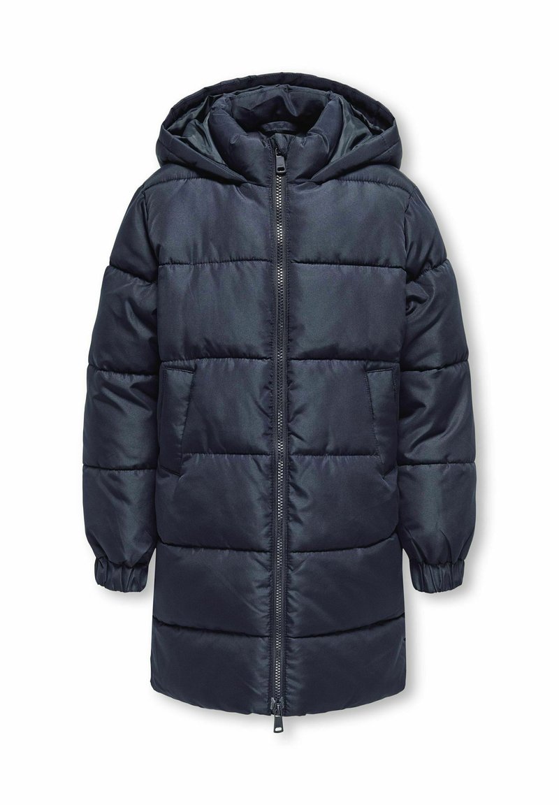 Jūras zila polsterēta jaka ar kapuci, ar priekšējo rāvējslēdzēju, elastīgiem piedurkņu galiem un divām priekšējām kabatām. Gluda, spīdīga tekstūra.