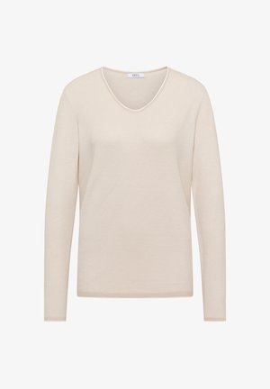 Beżowy, długi sweter dziany z długim rękawem, dekoltem w kształcie litery V i subtelnym teksturowanym wzorem, zaprojektowany do noszenia na co dzień lub do biura.