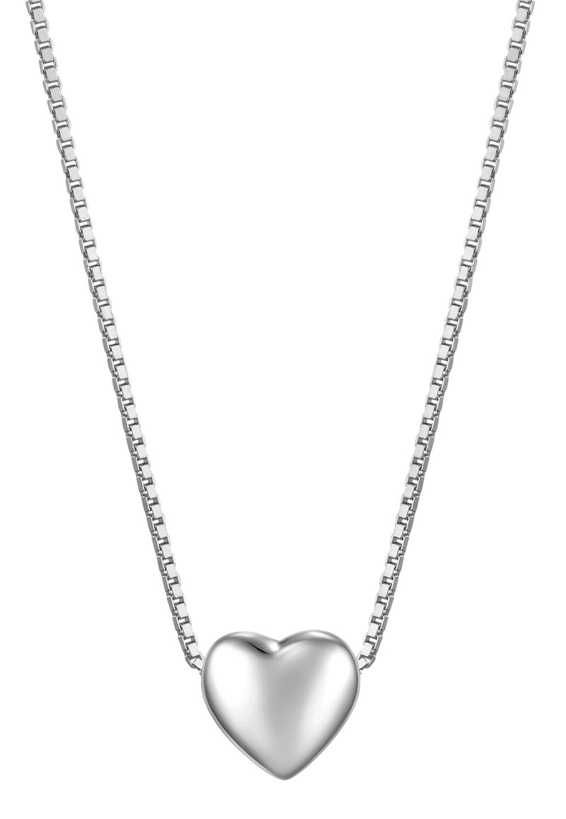 Halskæde med vedhæng i form af et sølvhjerte på en kabelkæde, der har en glat, poleret tekstur og en symmetrisk hjerteform.
