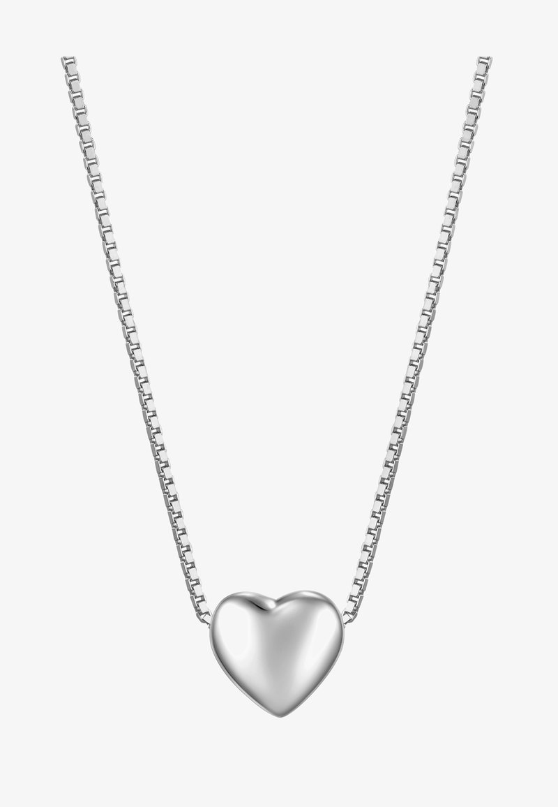 Halskæde med vedhæng i form af et sølvhjerte på en kabelkæde, der har en glat, poleret tekstur og en symmetrisk hjerteform.