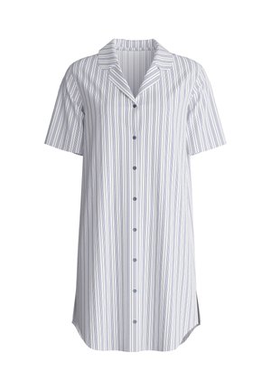 Gestreepte jurk met korte mouwen in lichtblauw en wit, gemaakt van zachte stof, met een reverskraag en knoopsluiting aan de voorkant. Met zijslits.