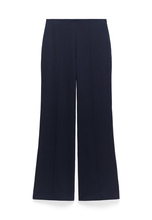 Pantaloni a gamba larga blu navy con righe verticali, realizzati in un tessuto texturizzato. Presentano una vita piatta e nessun hardware visibile.