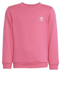 Ružový flísový sveter s dlhými rukávmi, okrúhlym výstrihom a rebrovanými manžetami. Na hrudi sa nachádza malé biele logo Adidas. Mäkká textúra.