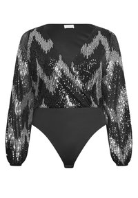 Svart bodysuit med djup V-ringning, försedd med långa ärmar av paljetter i ett zickzackmönster av svart och silver.