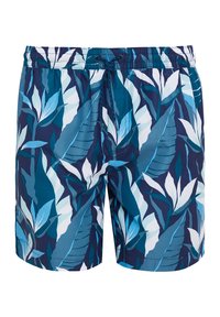 Costumi da bagno in tonalità blu con motivo a foglie tropicali, vita elastica con cordoncino e tessuto liscio e ad asciugatura rapida.