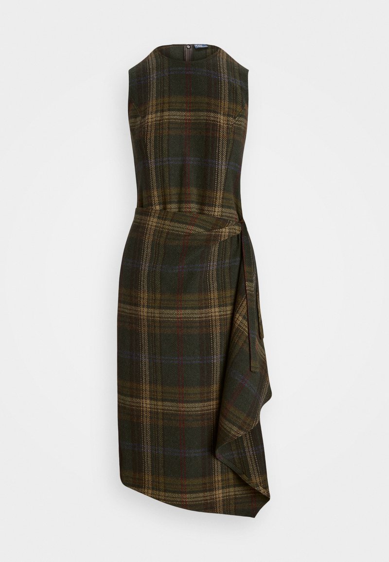 Robe en tartan dans des teintes vert foncé, jaune et rouge. Design sans manches avec un détail enroulé et un ourlet asymétrique. Le tissu a une finition texturée.