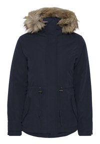 Navy blue parka jacket with faux fur-lined hood, adjustable drawstring waist, and two side pockets. Textured fabric with a smooth finish.