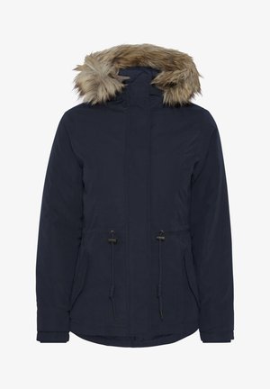 Marineblauwe parka jas met een nepbont gevoerde capuchon, verstelbare trekkoord in de taille en twee zijzakken. Gelaagd stof met een gladde afwerking.