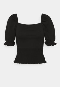 Black top with a square neckline, puff sleeves, and a smocked waist. Features ruffled sleeve and hem accents, made from stretchy fabric.