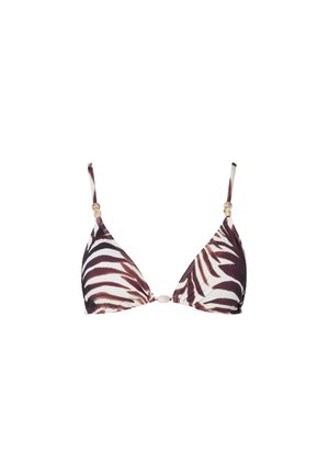 Trójkątny top bikini w brązowe i białe paski zebry, z regulowanymi ramiączkami na ramionach oraz małymi ozdobnymi koralikami na ramiączkach i na środku.