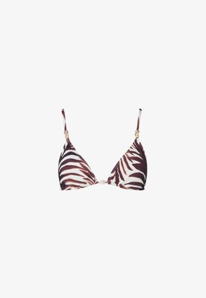 Trójkątny top bikini w brązowe i białe paski zebry, z regulowanymi ramiączkami na ramionach oraz małymi ozdobnymi koralikami na ramiączkach i na środku.