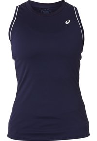 Tmavě modrý sportovní tílko bez rukávů z prodyšného materiálu odvádějícího vlhkost, s kulatým výstřihem a bílým proužkem podél ramen.