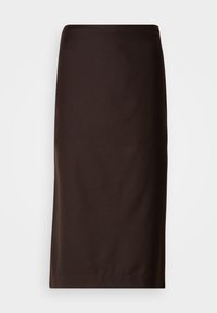 Jupe droite marron foncé longueur genou avec une texture de tissu lisse, présentée sur un fond clair uni.