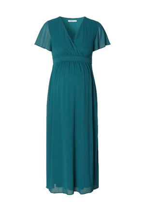 Teal maternity dress with short flutter sleeves, deep V-neck, and empire waistline, featuring soft, flowing fabric and a long skirt.