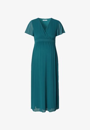 Teal maternity dress with short flutter sleeves, deep V-neck, and empire waistline, featuring soft, flowing fabric and a long skirt.