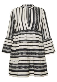 Svart och vit randig tunika klänning med djup V-ringning, utsvängda ärmar och flerradig volangnederdel. Tillverkad av lättviktsmaterial med texturerade inslag.