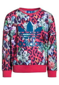 Sudadera roja y rosa con un dobladillo ajustado, que presenta un patrón de flores y estampado de leopardo. Gráfico en azul en el centro. Textura de tela suave.