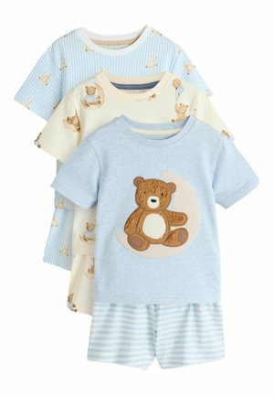 Three sets of toddler pajamas with short sleeves and shorts, featuring teddy bear and striped patterns in blue and cream colors.