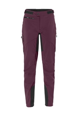 Bordeauxrote Softshell-Hose mit schwarzen verstärkten Einsätzen, verstellbaren Taillenbändern, Reißverschlusstaschen und Vaude-Logo am linken Oberschenkel.