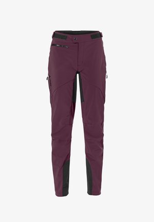 Bordeauxrote Softshell-Hose mit schwarzen verstärkten Einsätzen, verstellbaren Taillenbändern, Reißverschlusstaschen und Vaude-Logo am linken Oberschenkel.