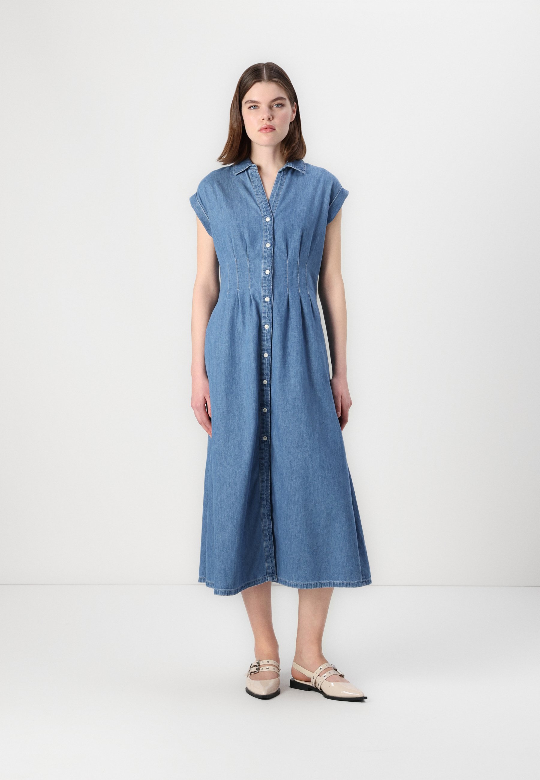 strapless open back dress Dark Wash Denim Pleated Mini Dress with Belt main image 1