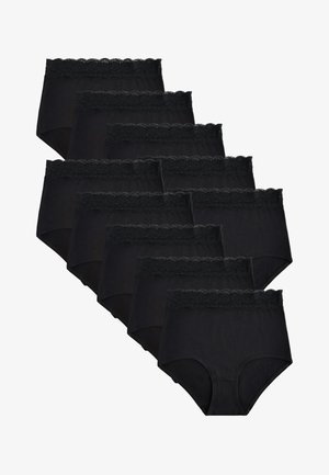 Zehn Paare schwarzer Damen-Slips mit hoher Taille und Spitzenbesatz am Bund, in einem kaskadenförmigen Stapel angeordnet.