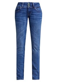 Slim jeans i mörkblå denim, med en traditionell femficksdesign, två gröna knappar vid midjan och en slät textur.